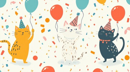 Playful Cats Celebrating with Balloons and Confetti in a Festive Scene