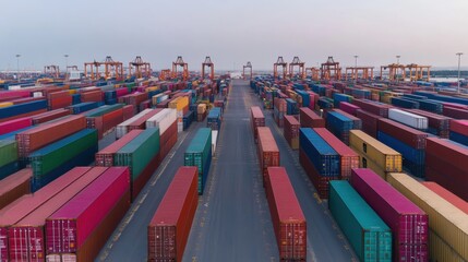 A shipping port full of colorful cargo containers under dramatic sunset lighting,