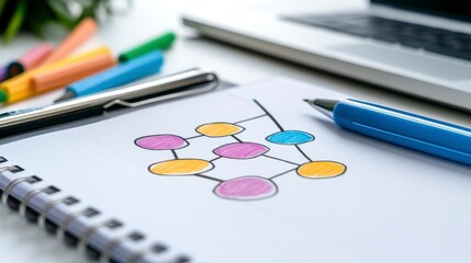Colorful Network Diagram in Spiral Notebook on White Table
