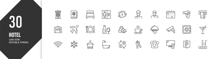 30 Line Icons for Hotels and Hospitality Services