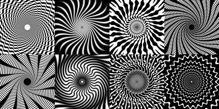 Psychedelic hypnotic spiral patterns with hypnosis swirls and optical illusion effect, vector backgrounds. Black and white geometric vortex or spin wheels in hypnotic spiral pattern of tunnel swirl