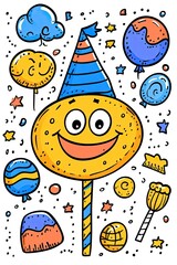 A smiling lollipop with a party hat surrounded by balloons, stars, and confetti.