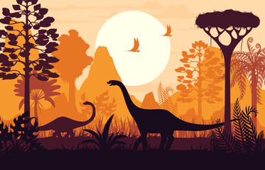 Prehistoric dinosaurs and jungle sunset silhouettes. Jurassic era flora and fauna landscape vector background with sauropod and flying dinosaurs, fern forest, mountains and setting sun silhouette © Vector Tradition