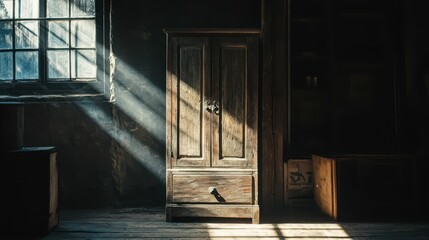 Sunlight Streaming Through Window Illuminating Wooden Cabinet