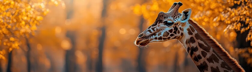 Giraffe in a forest during autumn sunset light.