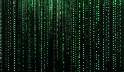 Digital rain of green binary code on dark background