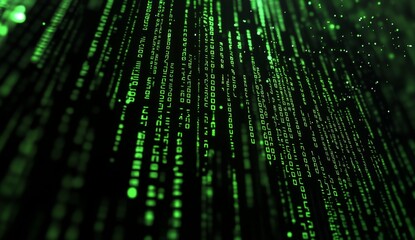 Digital code streams downward on dark background