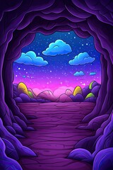 A view of a starry night sky through a cave opening.