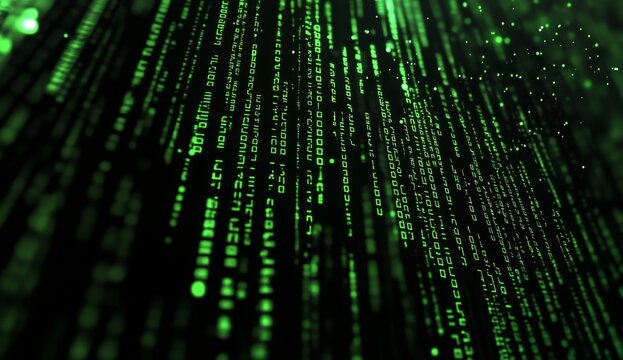 Digital code streams downward on dark background