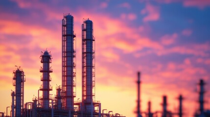Obraz premium Industrial skyline against a vibrant sunset backdrop