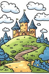 A whimsical cartoon castle sits atop a green hill with a winding path leading up to its entrance.