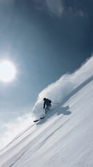Dynamic Skiing Action on Fresh Powder Snow in Winter Sports Adventure