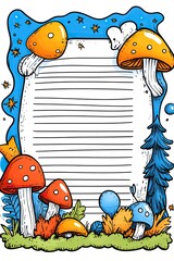 Fototapeta premium A whimsical lined paper template featuring a forest scene with mushrooms, stars, and a blue sky.