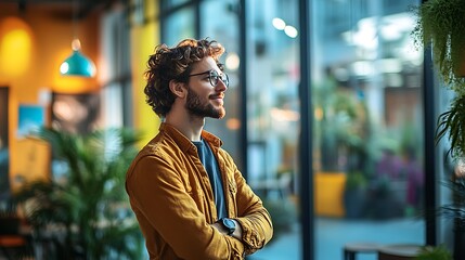 Fototapeta premium Man Contemplating, Cafe Interior, Sunlight