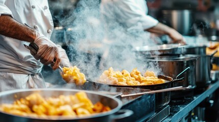 Fototapeta premium Busy Chef Cooking Gourmet Dishes in a Professional Kitchen Setting