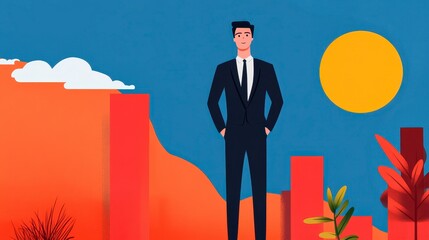 Fototapeta premium Businessman in Dark Suit Against Abstract Orange and Yellow Landscape Pixel Art