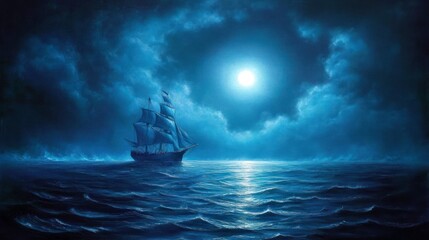 A lone sailing ship navigates a dark, moonlit sea under a dramatic, cloudy sky.