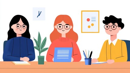 Fototapeta premium Colleagues Reviewing Documents at a Minimalist Office Desk