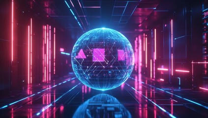 Neon sphere in futuristic corridor with geometric patterns