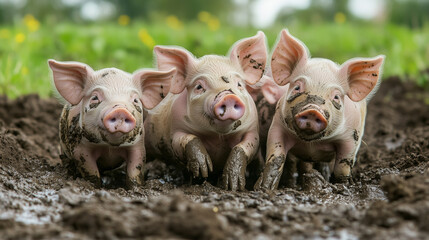 A playful group of piglets rolling in the mud, their pink snouts covered in dirt