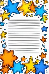 Fototapeta premium A white lined paper with a border of colorful cartoon stars.