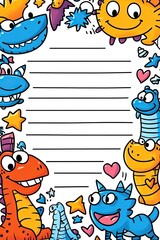 Fototapeta premium A white lined paper with colorful cartoon monsters on the border for kids.