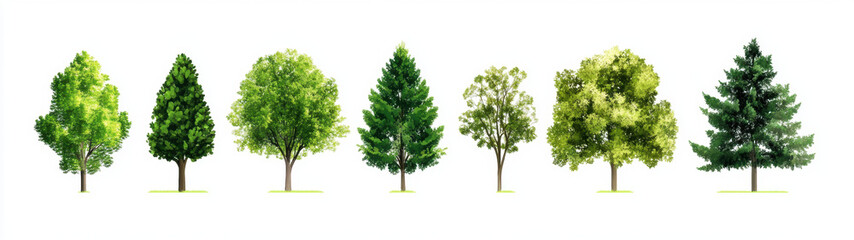 Obraz premium Various types of trees showcasing different shapes and shades of green foliage, ideal for nature themed designs and illustrations