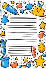 Fototapeta premium A white page with lined paper and a border of various colorful doodles.