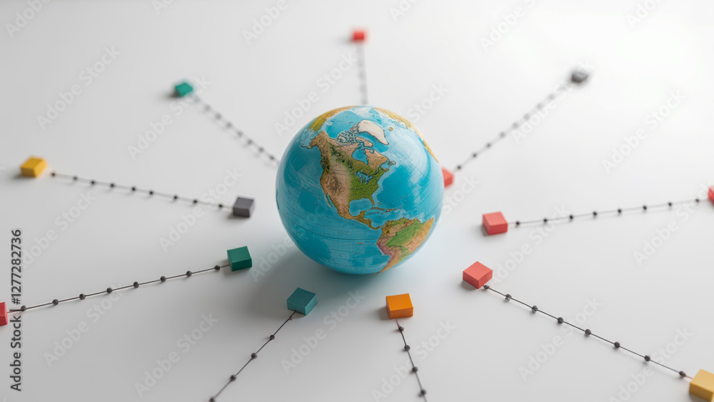 Poster colorful globe on white surface connected by lines to square blocks representing global communicatio