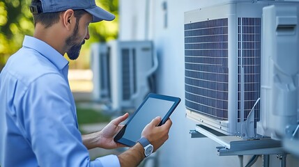 HVAC Technician Inspecting Air Conditioning Unit with Tablet