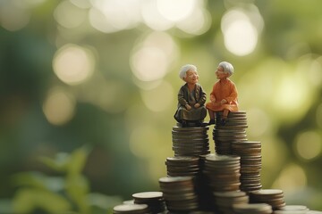 Elderly Couple Figurines Sitting on Stacks of Coins with nature background, Symbolizing Retirement Savings and Wealth Stability