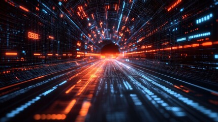 Fototapeta premium Futuristic tunnel with glowing data streams and vibrant colors, depicting a digital journey
