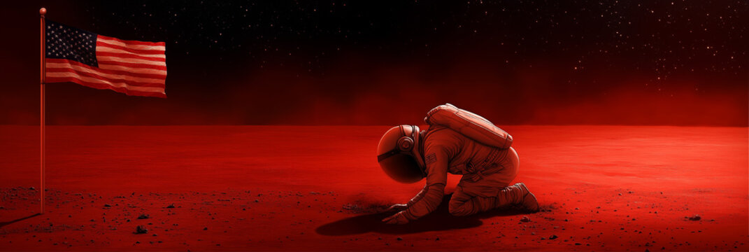 Astronaut with US Flag on Mars. Flag of US with Astronaut on Mars United States Flag in a Mars Space Exploration Dust Storm in Desert of Mars Mission in Planetary System in a Cosmic Mission