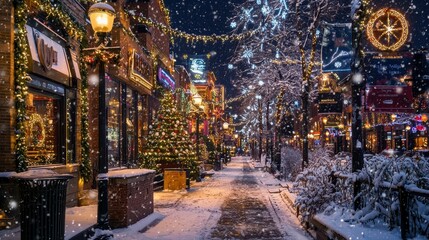 Fototapeta premium Festive Winter Street Scene with Snow and Holiday Decorations