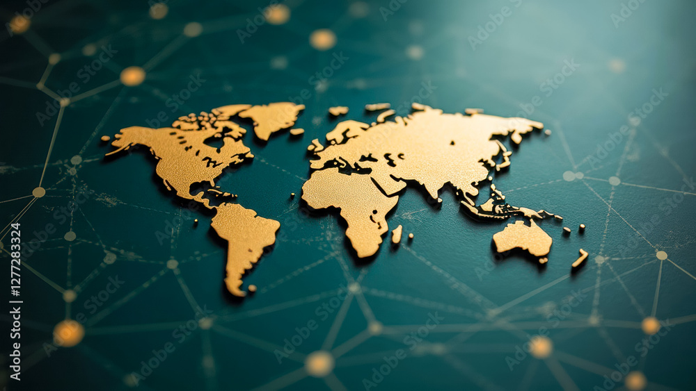 Poster detailed golden world map on a teal background featuring connected nodes and geometric patterns for 