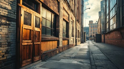 Rustic Urban Alley with Wooden Door and Historic Brick Buildings