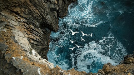 Seagulls Flying Over Turquoise Ocean Waves and Rock Formation