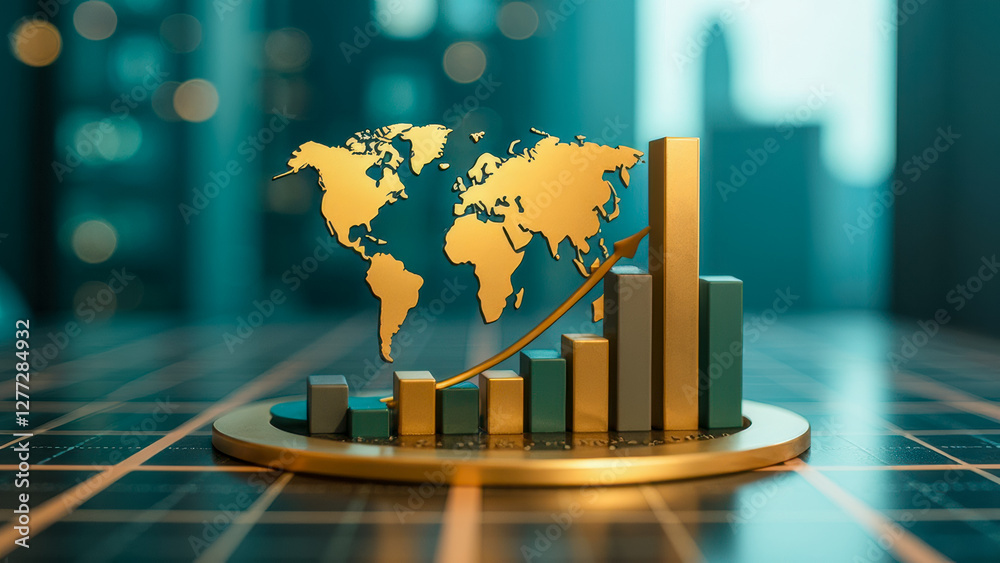 Poster golden world map on chart with growing bar graph in modern office background representing global bus