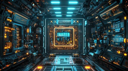 Fototapeta premium Futuristic Digital Corridor with Glowing Neon Circuit Patterns
