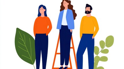 Fototapeta premium Three Young Adults in Casual Wear Standing Against White Background with Green Leaves Pixel Art Style