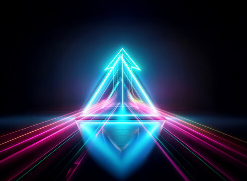 Vibrant double exposure with glowing neon blue triangle and pink lines converging on a black background. Illuminated and dynamic design. - Powered by Adobe
