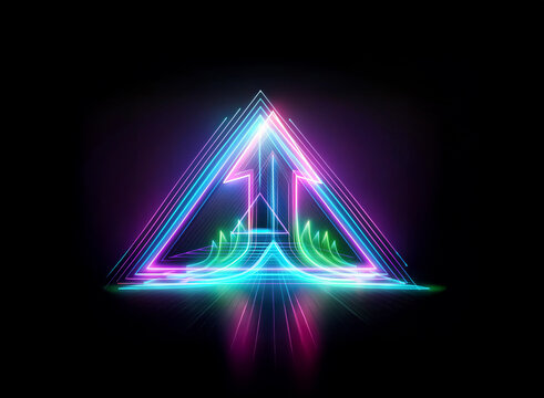 A vibrant abstract design featuring a neon triangle and arrow, using a double exposure effect against a stark black backdrop, creating a futuristic and dynamic image.
