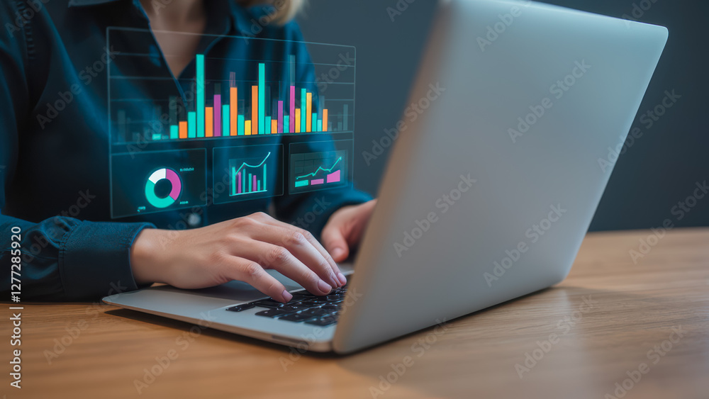 Poster business professional working on laptop with digital financial graphs and charts displaying performa