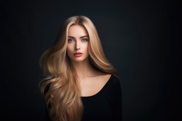 Fototapeta premium Dramatic portrait of woman with long blonde wavy hair in black top against dark backdrop. Elegant fashion beauty shoot with moody studio lighting and copy space
