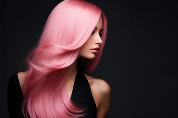 Fototapeta premium Woman with flowing pink hair against dark background. Beautiful long dyed hairstyle with smooth waves. Fashion beauty portrait showing trendy hair color and styling