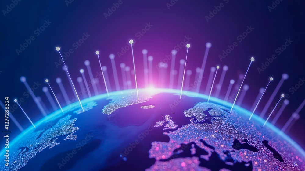 Poster futuristic global connectivity concept with particle effects and bright lines representing data flow