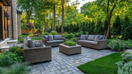 Cozy outdoor seating area surrounded by lush greenery in a serene backyard setting during the golden hour