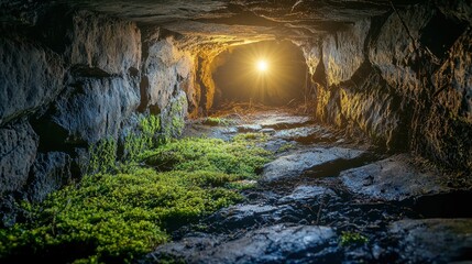Mystical Underground Cave with Light and Lush Green Vegetation