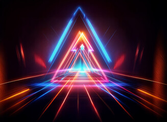 Fototapeta premium Vibrant neon triangles create a double exposure tunnel effect, with glowing lines converging into a bright perspective point against a dark backdrop.