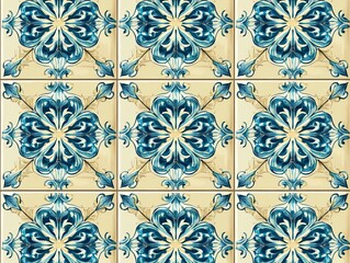 vintage seamless symmetrical tile floral pattern with blue and beige tones 